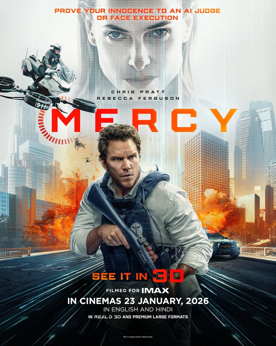 _mrchaturvedi's tweet image. #ChrisPratt | #RebeccaFerguson 

#mercy coming on January 23, 2026. Same day when #Dhurandhar will be dropped on Netflix (possibility) 

It is #FilmedForIMAX in 3D. Hindi language is also available 

Trailer: youtu.be/i_kL2yezoGU?si…

An MGM production, science fiction saga.