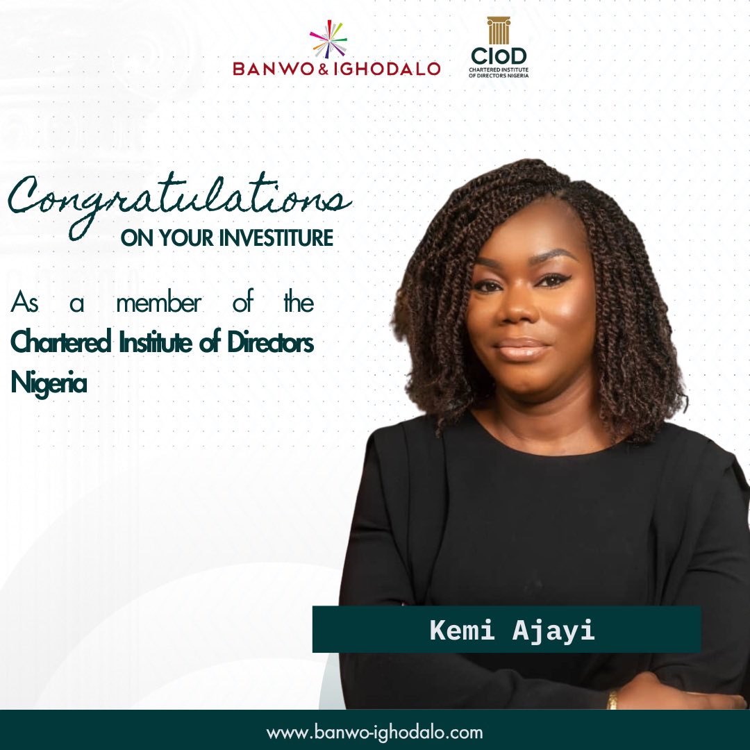 BanwoIghodalo's tweet image. Banwo &amp;amp; Ighodalo is pleased to celebrate the investiture of two distinguished members of our leadership team as a Life Member and a Member respectively, of the Chartered Institute of Directors Nigeria @CIoDNigeria 
 
This recognition reflects their unwavering commitment to…