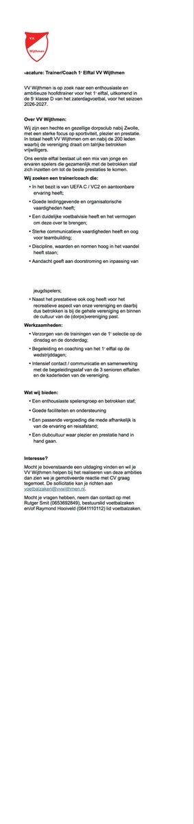 Vacature trainer/coach 1e elftal bij een fantastische club…#vvwijthmen