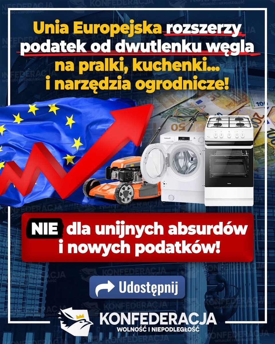 Unia Europejska rozszerzy graniczny podatek od emisji dwutlenku węgla m.in. na pralki, kuchenki czy narzędzia ogrodnicze!

Odlot unijnych biurokratów postępuje. Drzwi samochodowe, narzędzia ogrodnicze, pralki i kuchenki będą podlegać pierwszemu na świecie