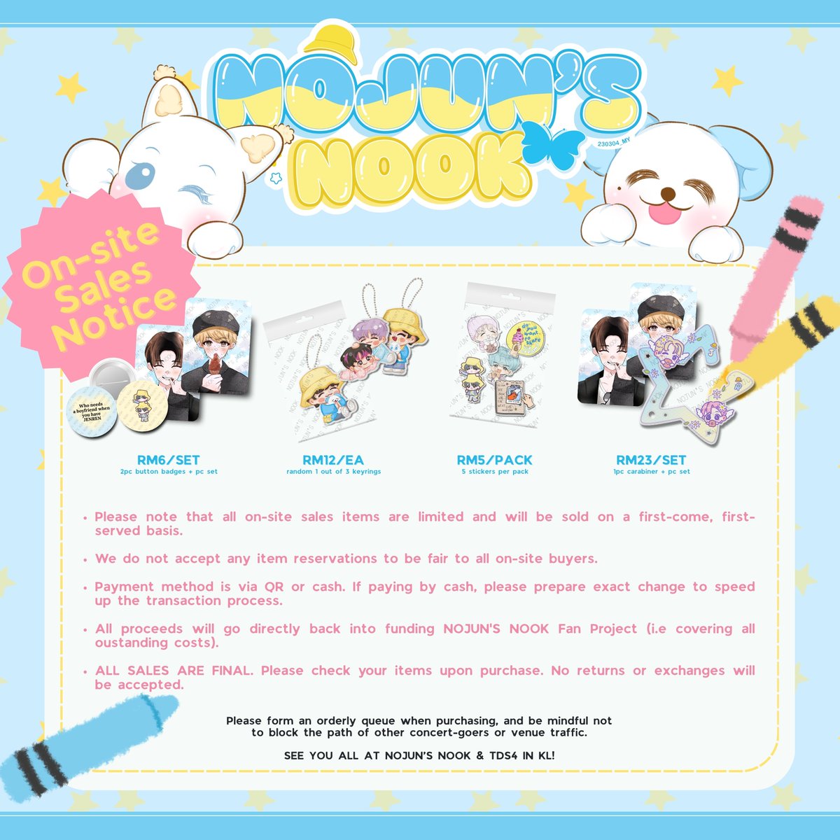 230304_MY's tweet photo. Good news, Jenrenists! 🩵💛 

If you missed the donation period, we will have on-site sales just for you! Make sure to stop by!

Date: 13th &amp; 14th December
Location: BAGELO LRT BUKIT JALIL
Time: 10:30 A.M - 3:30 P.M

#NojunsNook #TDS4inKL #JENO #RENJUN https://t.co/zO6h8WAEmh