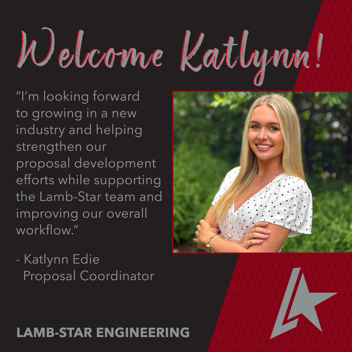 Please help us welcome Katlynn Edie, our new Proposal Coordinator! 

She brings marketing experience, strong InDesign skills, and a passion for learning and growth.

We’re excited to have her join the Lamb-Star team!

#LambStarEngineering #ProposalTeam