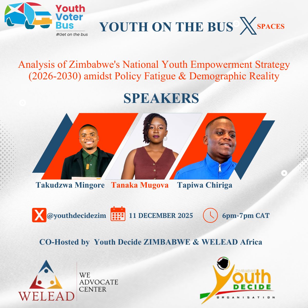 📢Event Alert 📌   Join us this Thursday to discuss the Zimbabwe's National Youth Empowerment Strategy 2026-2030.
Do not miss this one, encourage young people to come prepared. 
Your voice matters. #YouthPower <a href="/table_girls/">TheGirlsTable</a> <a href="/MalemaZw/">Tatenda Kutsirayi🇿🇼</a> <a href="/BillyMarufu/">Believe Marufu</a> <a href="/africaIYP/">African Institute For Young People (AIYP)</a> <a href="/YAI_Africa/">Youth Accountability Initiative</a>