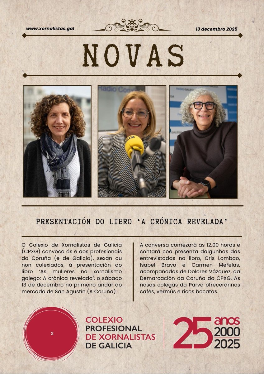 xornalistas's tweet photo. O ciclo #XornalistasNoMercado', organizado pola demarcación da Coruña do CPXG coa colaboración de @AParva_, regresa o sábado ás 12 ao mercado de San Agustín coas coruñesas entrevistadas en #ACrónicaRevelada: Isabel Bravo, Cristina Lombao e Carmen Merelas.
https://t.co/l7zzAZ3TRU https://t.co/pKFINmAEi1