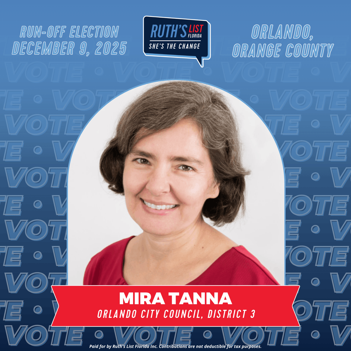 RuthsListFL's tweet photo. It's run-off Election Day in Orlando, and @tannafororlando is on the ballot! This is our chance to elect a candidate who will stand up for our values, fight for our communities, and deliver real results for families across Central Florida. https://t.co/QtnC2XS8rV