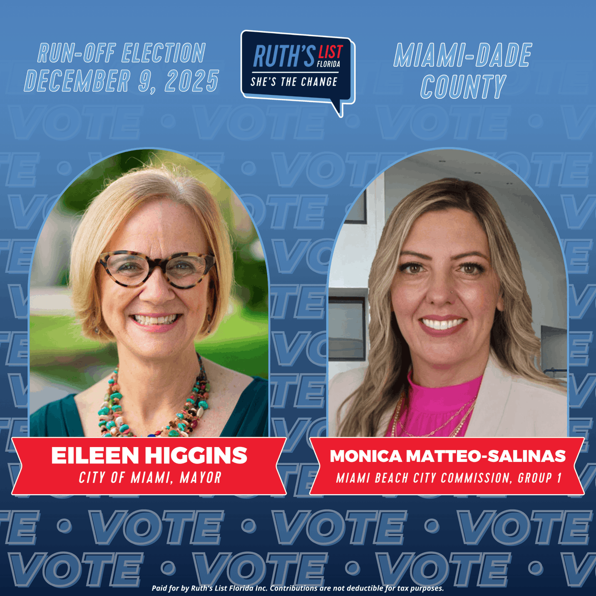 RuthsListFL's tweet photo. It's run-off Election Day in Miami-Dade, and Ruth's List-endorsed candidates are on the ballot. We are proud to support exceptional women running to lead and serve.

⭐ Eileen Higgins for Mayor of City of Miami
⭐ Monica Matteo-Salinas for Miami Beach City Commission Group 1 https://t.co/ISQkcz2jAf