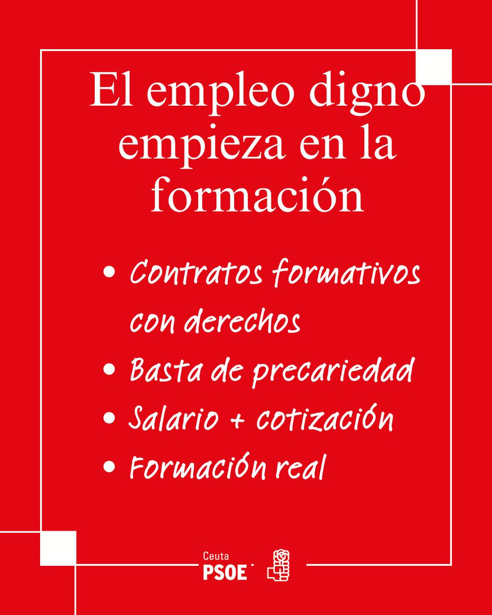 Nueva regulación de los contratos formativos impulsada por el Gobierno de <a href="/sanchezcastejon/">Pedro Sánchez</a>. Más derechos, más protección y menos precariedad para jóvenes y recién titulados.
Ponemos fin a la precariedad y garantiza derechos desde el primer día. #EmpleoDigno #Juventud #PSOECeuta