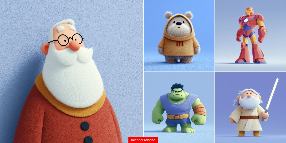 Exploring Style --sref 2208675465
Here are my 5 prompts with example

1. Father Christmas
2. Ewok
3. Ironman
4. Hulk
5. Jedi

Ironman --sref 2208675465
--sw 100 --stylize 300 --v 7