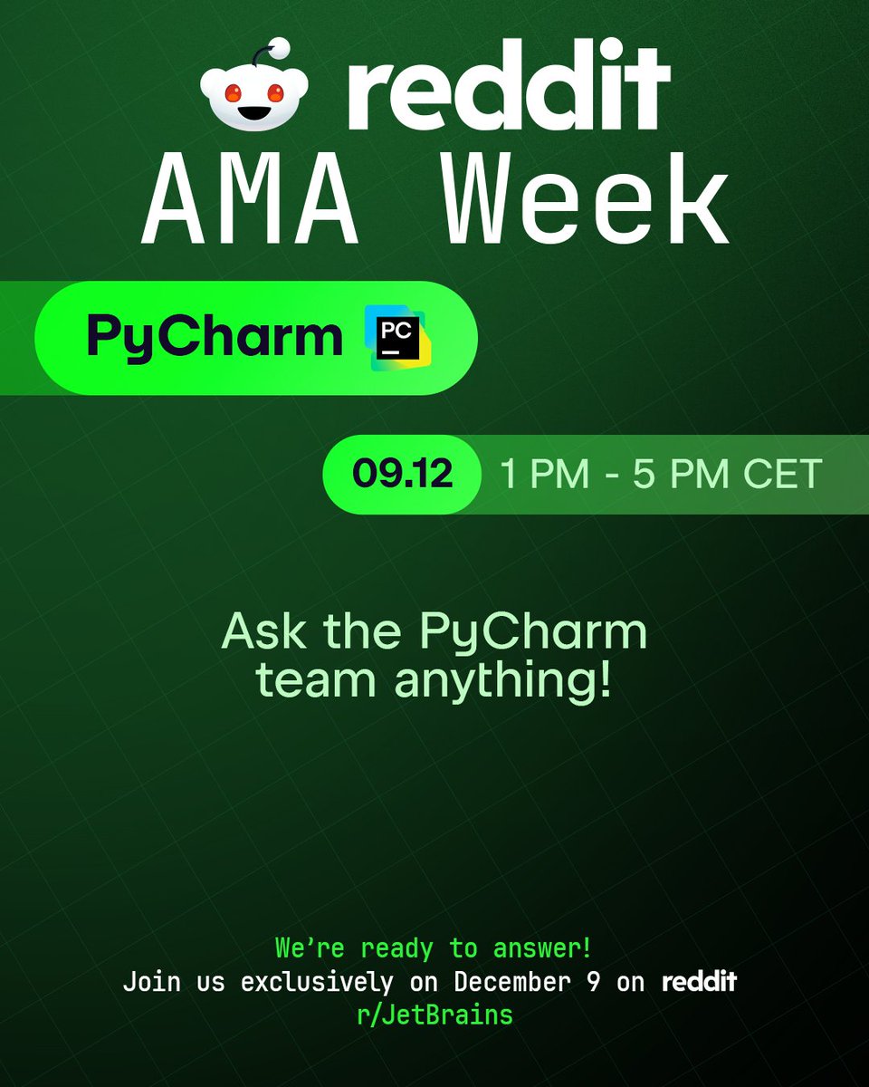 pycharm's tweet image. We’re live! 🚀
The PyCharm team is answering your questions on Reddit right now.

Join the conversation: 🔗 reddit.com/r/Jetbrains/co…  🔗