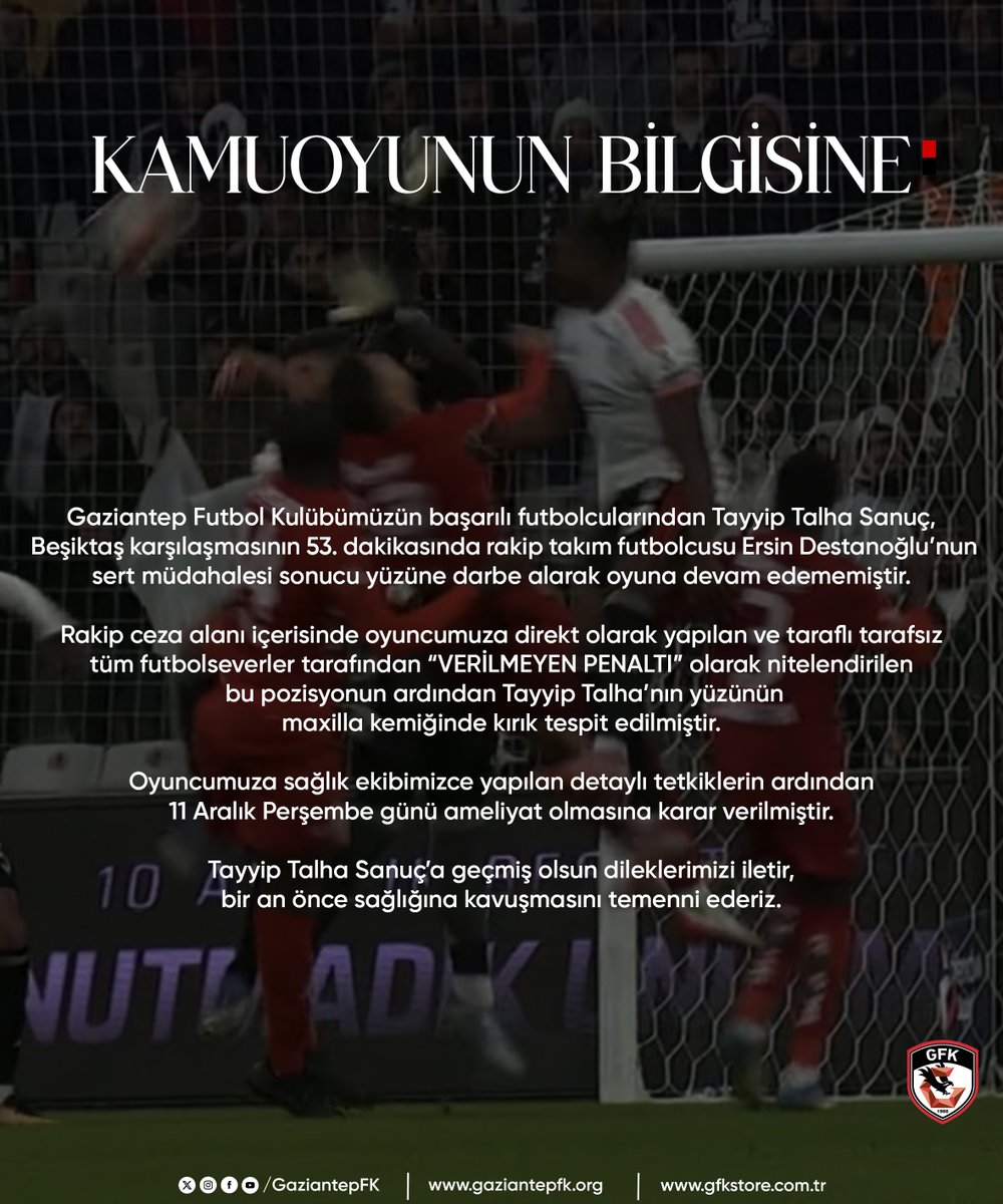 🔴⚫️ SAĞLIK RAPORU | TAYYİP TALHA SANUÇ

👉 gaziantepfk.org/haberler/sagli…