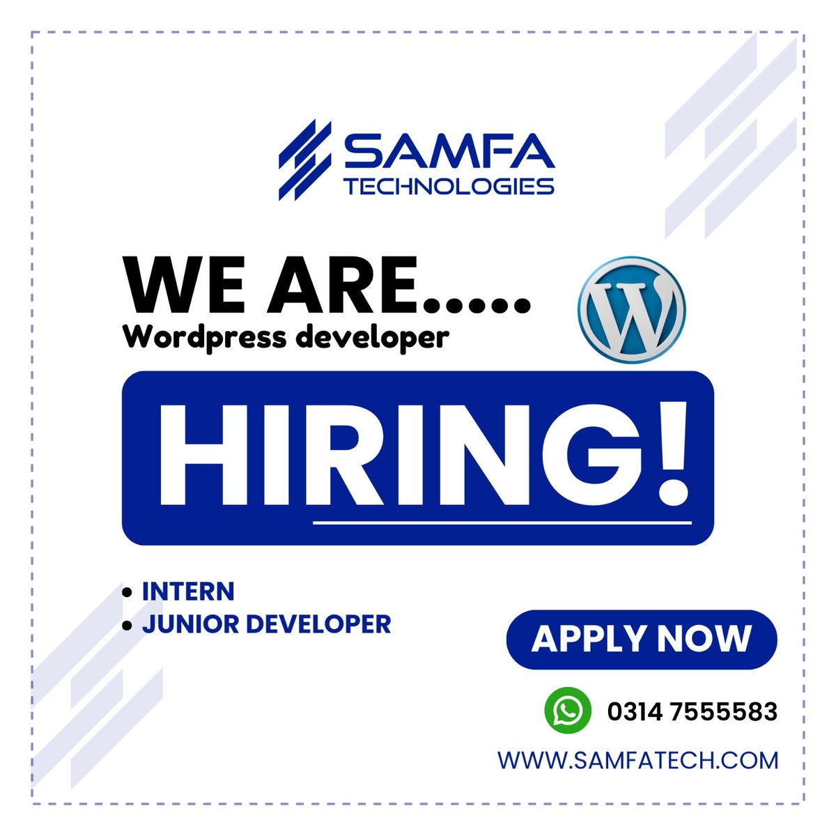 SAMFATech's tweet photo. SAMFA Technologies is now hiring WordPress Developers!
We’re looking for passionate and creative individuals to join our team as Intern and Junior WordPress Developer.#SAMFATechnologies
#Hiring
#WeAreHiring
#WordPressDeveloper
#WordPressJob
#JuniorDeveloper
#InternshipOpportunity https://t.co/5rwH5zHZPZ