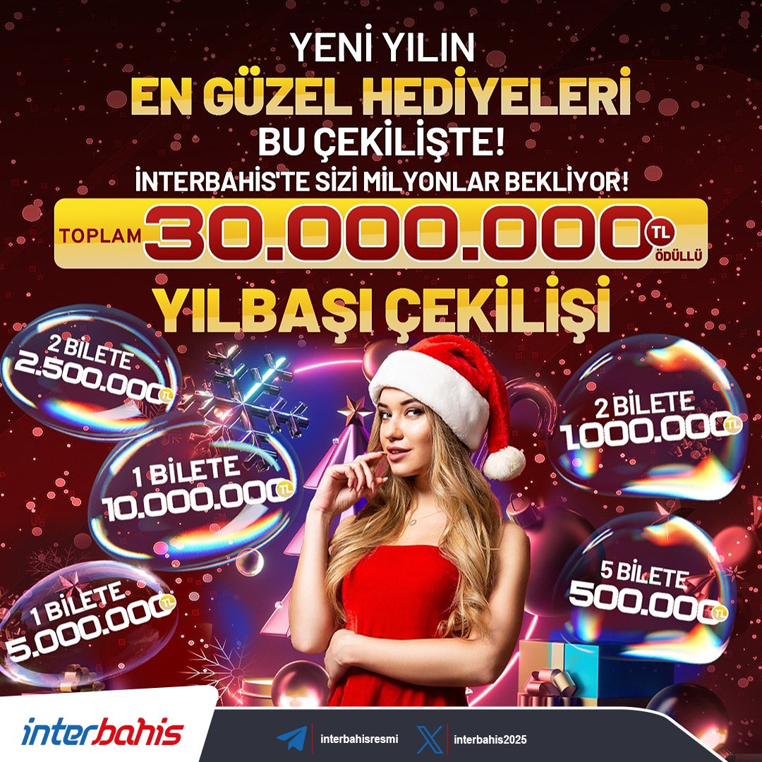 interbahis2025's tweet photo. 🌲☃️ SENİ DE MİLYONER LİSTESİNE YAZALIM! 🤑

1 BİLETE: 10.000.000₺
1 BİLETE : 5.000.000₺
2 BİLETE: 2.500.000₺
2 BİLETE: 1.000.000₺

🤩 NE KADAR ÇOK BİLET O KADAR FAZLA ÖDÜLLE ŞANSINI KENDİN YARAT! 💸

#İnterbahis #Yılbaşı #YeniYıl #YılbaşıÇekilişi #Çekiliş #Ödül #Bilet https://t.co/1daRAT8Kfo