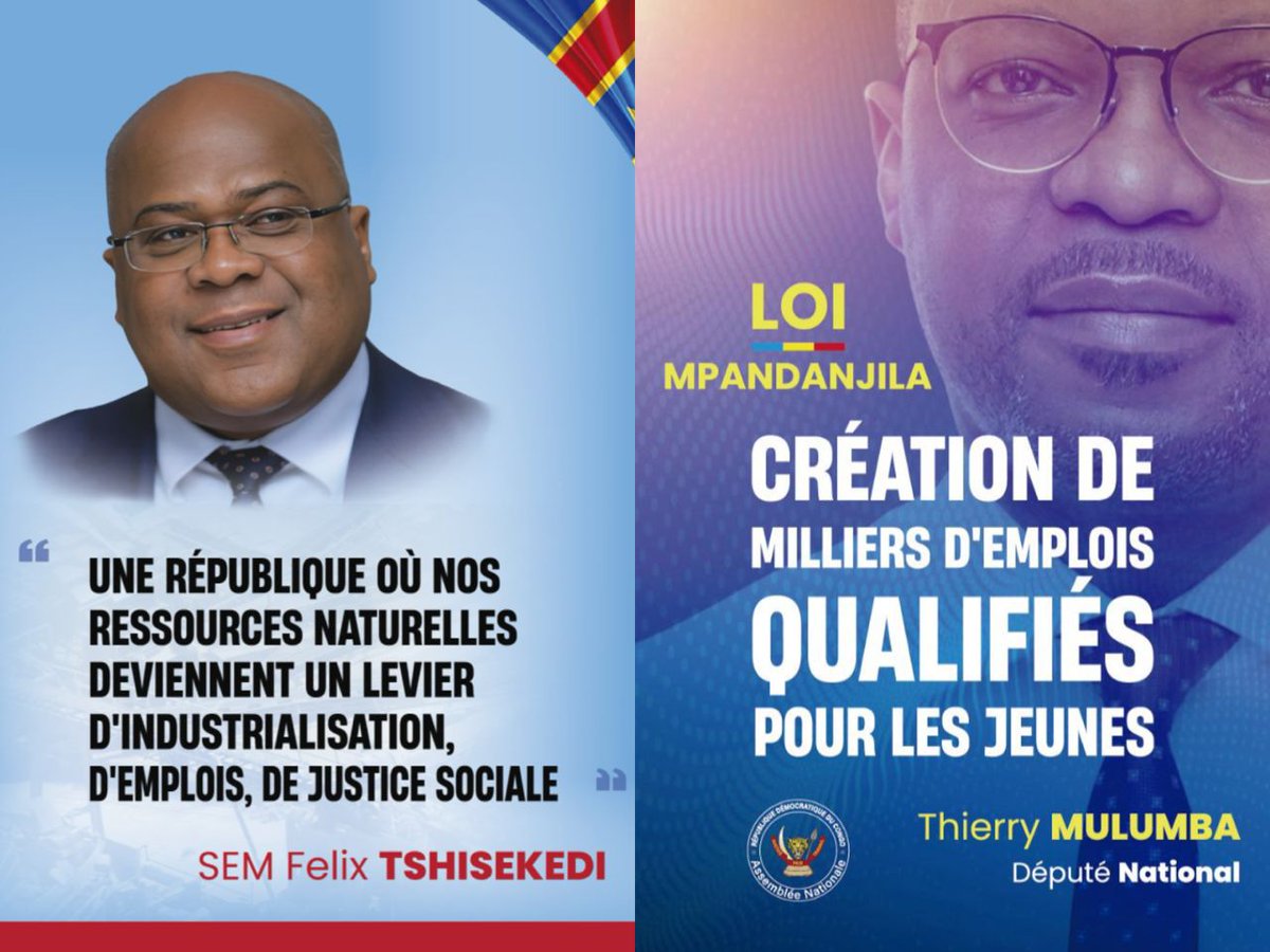 Th_Mulumba's tweet photo. La Loi Mpandanjila est l'un des bras législatif de la vision du Chef de l'État @fatshi13 en vue de la souveraineté minérale du pays, la création de la valeur ajoutée locale et de milliers d'emplois pour les jeunes.

Son adoption au Parlement et sa promulgation deviennent une nécessité.

@Presidence_RDC @AssembleeNatRDC @PrimatureRDC @Agc_Rdc