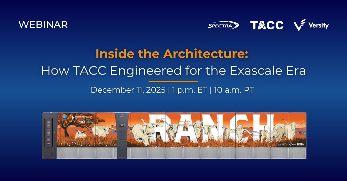 What does it take to build an #exabytearchive for the nation’s largest academic supercomputer?
Join our webinar on Dec 11 @ 10 AM PT with experts from <a href="/TACC/">TACC</a>, <a href="/spectralogic/">Spectra Logic</a> &amp; Versity as they share how Ranch was engineered for decades of data.
Register now: lnkd.in/enufVdYY