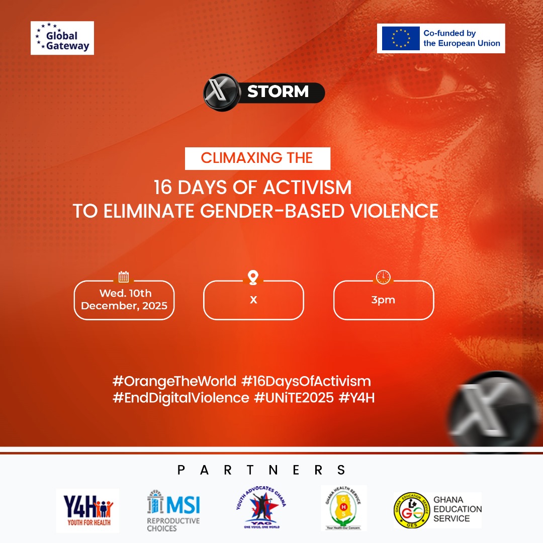Let's End GBV Together 

We are climaxing the 16 Days of Activism to eliminate Gender-Based Violence and you are invited!

Join us this Wednesday, 10th December 2025 at 3pm for a powerful X-Storm campaign. 

#OrangeTheWorld #16DaysOfActivism #EndDigitalViolence #UNiTE2025 #Y4H