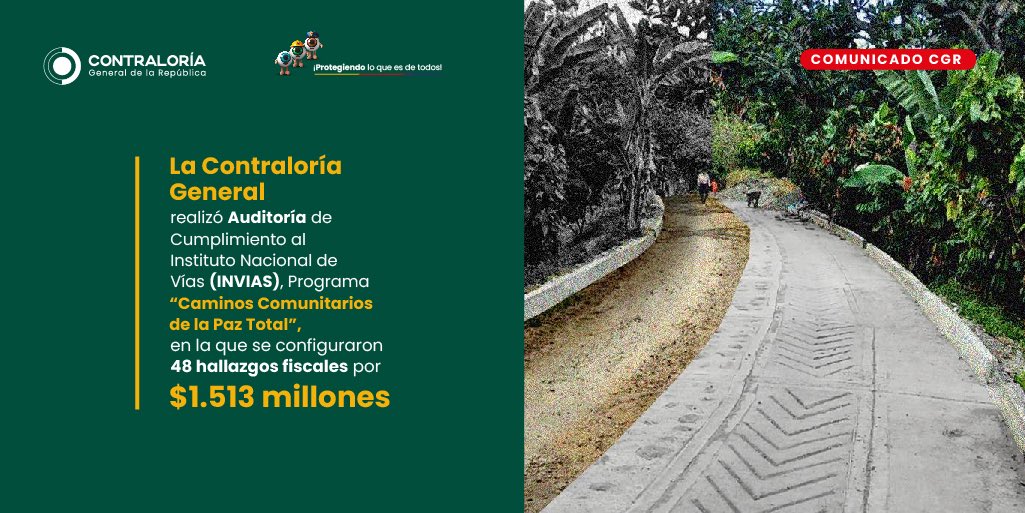 CGR_Colombia's tweet photo. 🚨En Auditoría de Cumplimiento al @InviasOficial sobre el programa “Caminos Comunitarios de la Paz Total” se configuraron 4️⃣8️⃣ hallazgos fiscales por $1.513 millones. 

📌Aunque el programa fue diseñado para intervenir 33.000 km de vías rurales con una inversión inicial de $8 billones, al 31 de diciembre de 2024 solo se ejecutaron 117,2 km (0,36%) y de los $4 billones previstos para 2023-2024 solo se asignaron $0,66 billones (16,40%).🛣️❌

📲Comunicado de prensa👉🏻 https://t.co/7xfGpHumxq