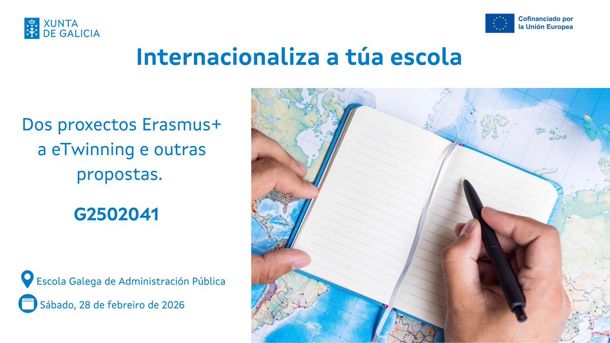Internacionaliza a túa escola. Dos proxectos Erasmus+ a eTwinning e outras propostas. Curso 2025-2026.
Aberta a inscrición en FProfe: G2502041.
Lugar: EGAP (Santiago de Compostela).
Celebración: Sábado, 28 de febreiro de 2026.
#CAFI_erasmus #ErasmusPlus #eTwinning <a href="/sepiegob/">SEPIE</a>