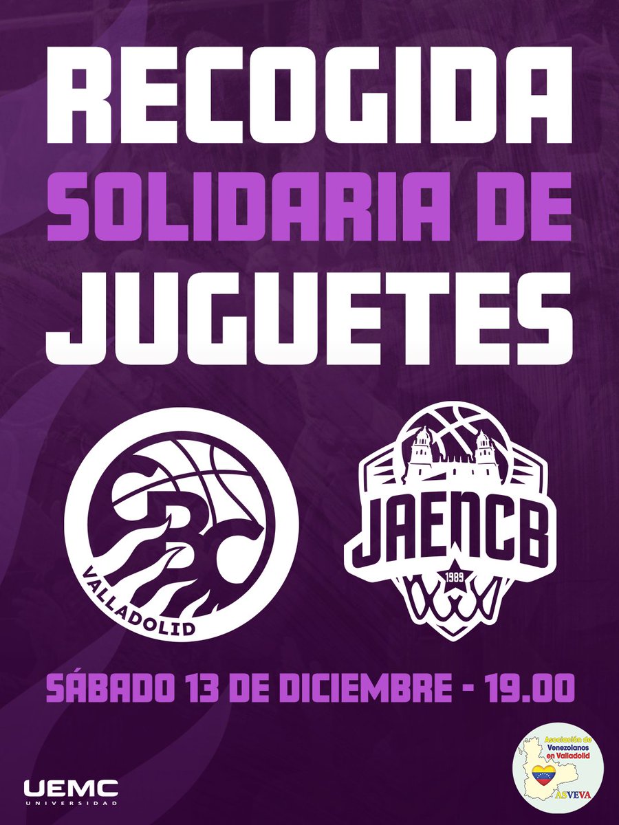 🧸 ¡La 𝐫𝐞𝐜𝐨𝐠𝐢𝐝𝐚 𝐬𝐨𝐥𝐢𝐝𝐚𝐫𝐢𝐚 𝐝𝐞 𝐣𝐮𝐠𝐮𝐞𝐭𝐞𝐬 de todas las temporadas, este sábado en el partido frente a <a href="/jaen_cb/">Jaén Club Baloncesto</a>!

👦👧 Objetivo: ¡ningún niño o niña sin juguetes esta Navidad!

🔗 goo.su/Oc16BaL

<a href="/UEMC/">UEMC</a> #BaloncestoValladolid