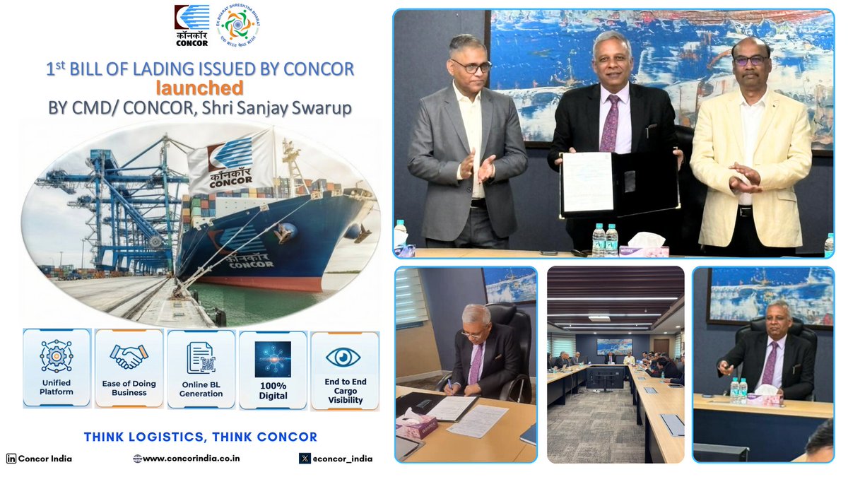 concor_india's tweet photo. Shri Sanjay Swarup ,CMD/CONCOR, launched the  first Bill of Lading issued by CONCOR for the export cargo carried in CONCOR’s own container , which has sailed to the South East Asia region. 
This marks:👇
👉1st ever overseas reefer movement of CONCOR in own container.
👉1st BL issued by CONCOR 
👉1st movement  by CONCOR to South East Asian Port 

Through our unified system enabling effortless online BL creation and end-to-end cargo visibility .

CONCOR strives for forward integration of its core competencies, providing customers seamless access anytime, anywhere.

"Think Logistics, Think CONCOR"

#CONCOR #ShippingPlatform #DigitalLogistics#EaseOfDoingBusiness #MaritimeLogistics #SupplyChain #InnovationInLogistics 
#MinistryofCommerce ,  #MinistryofShipping  #MoR  #FIEO  #FICCI  #CII  #APEDA