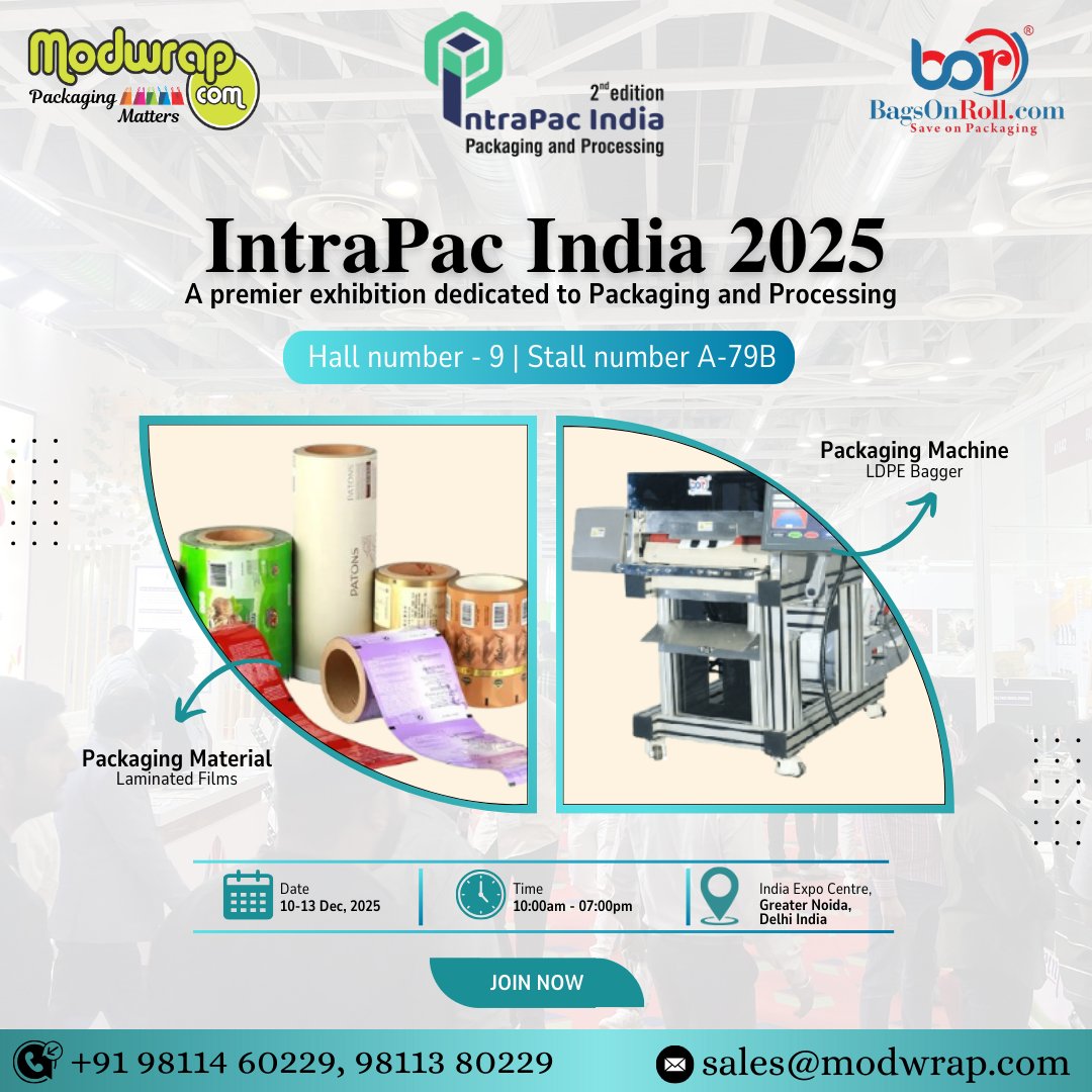 bagsonroll's tweet photo. JOIN us at IPAMA- Indian Printing, Packaging and Allied Machinery, Proud to announce the second edition of IntraPac India 2025 

We're excited to INVITE you to our upcoming exhibition, showcasing the latest trends in Automated Packaging Solutions and Packaging Materials. https://t.co/xlDtN3lV5z