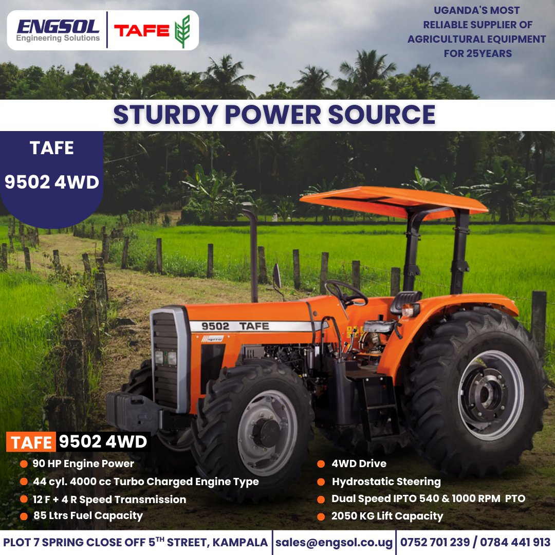 Engsol_UG's tweet photo. 🚜 𝐔𝐍𝐋𝐎𝐂𝐊 𝐌𝐎𝐑𝐄 𝐏𝐎𝐖𝐄𝐑 𝐎𝐍 𝐘𝐎𝐔𝐑 𝐅𝐀𝐑𝐌! 🚜

The TAFE 9502 4WD is back, a powerful and versatile tractor ready to transform your productivity.

📞 Call ENGSOL today or visit our Head Office to secure yours. 
#ENGSOL #NewArrival #TAFE9502 #StockRestocked #TAFE #TractorsForSale #AgricultureUG #FarmersUganda #TractorPower