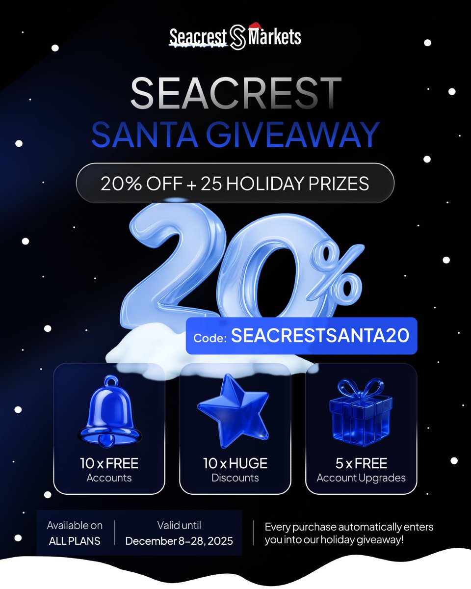 🎄 Seacrest Holiday Deal! 🎄

Use SEACRESTSANTA20 to get 20% OFF on all plans — and every purchase enters you into a giveaway of 25 prizes!

🔸 Free accounts
🔸 Huge discounts
🔸 Free upgrades

Perfect chance to grab your challenge before the year ends!

Join Now