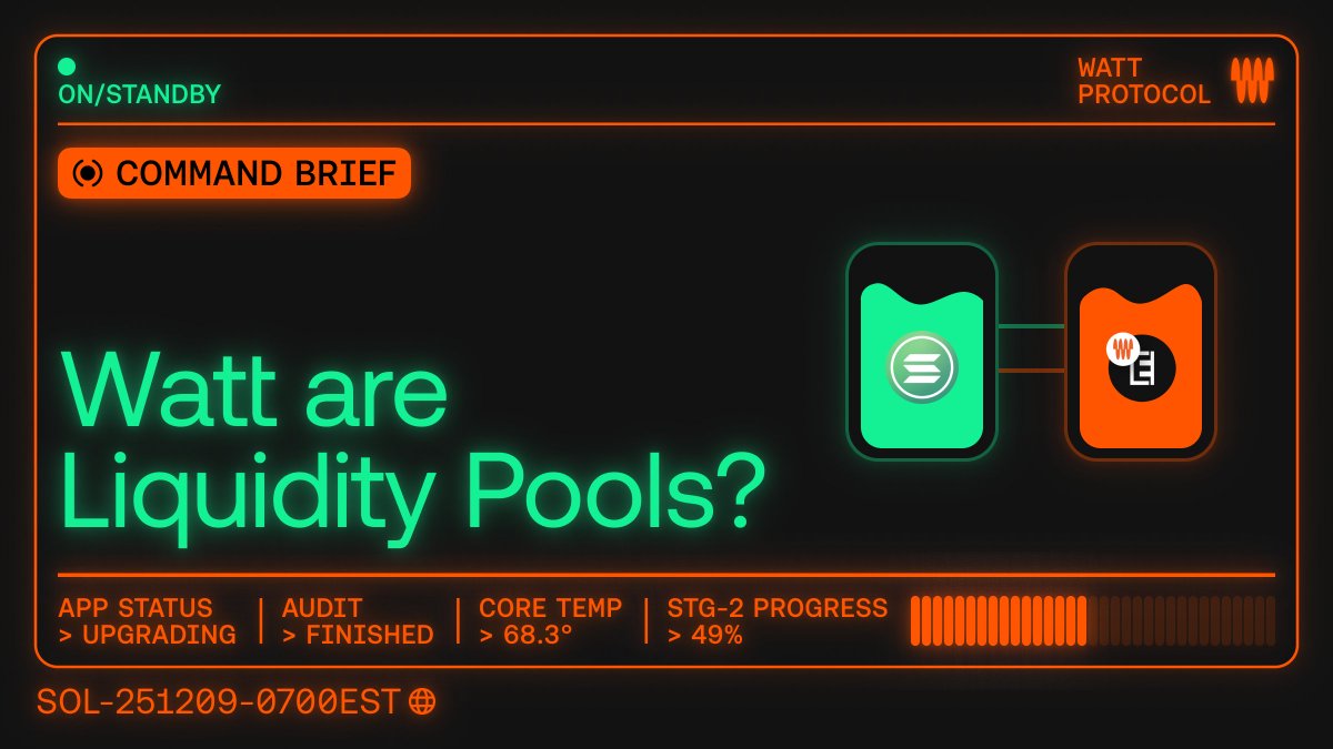 Liquidity pools (💧) are on-chain pools of tokens supplied by users to enable smooth, permissionless trading between assets.

By supplying liquidity, users help maintain healthy price discovery between the two assets, and this price movement enables Watt’s volatility-based yield