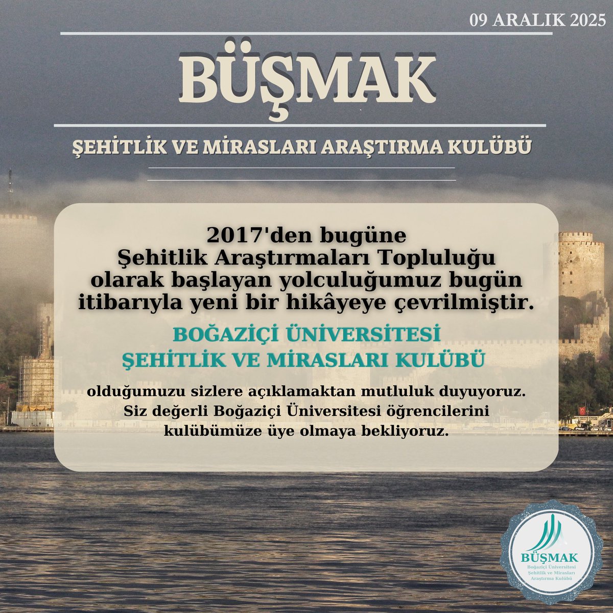 busehitlik's tweet photo. 2017’de başlayan yolculuğumuz, bugün Boğaziçi Üniversitesi Şehitlik ve Mirasları Kulübü (BÜŞMAK) adıyla yeni bir döneme adım atıyor.

İstanbul’un Fethi’nin ilk şehitlerini ve inşa edilen İstanbul mirasını akademik ve kültürel bir perspektifle araştıracağız. https://t.co/5n8vIdSi47