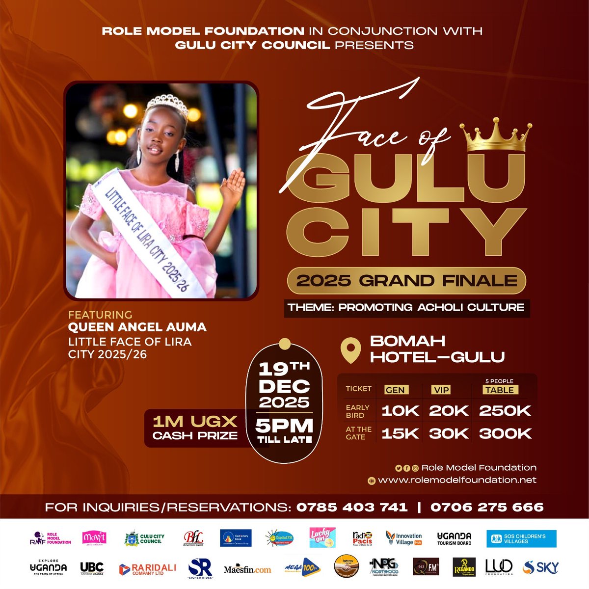 #FaceOfGuluCity2025 Grand Finale scheduled for 19, Dec, at Bomah Hotel theme: ''promoting Acholi culture. 

The event will also be attended by Queen Angel Rose P. Auma, the reigning Face of Lira City. <a href="/Gulucity/">Ocan Christopher</a> <a href="/BOMAHHOTELLTD/">BOMAH HOTEL LTD</a> <a href="/CapitalFMUganda/">Capital FM Uganda</a> <a href="/ubctvuganda/">UBC UGANDA</a> <a href="/movit_ug/">Movit Uganda</a> <a href="/943qfmlira/">94.3 QFM LIRA</a>