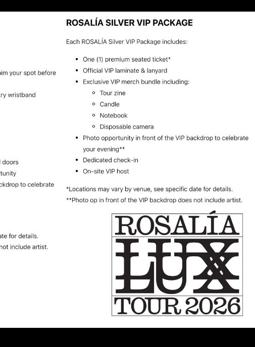 Pessoal a minha amiga comprou um bilhete para a Rosalía errado, Silver VIP Package, só um, a achar que eram vários, se alguém estiver interessado por favor diga, ela precisa de vender. É para dia 8 de abril 🕊️