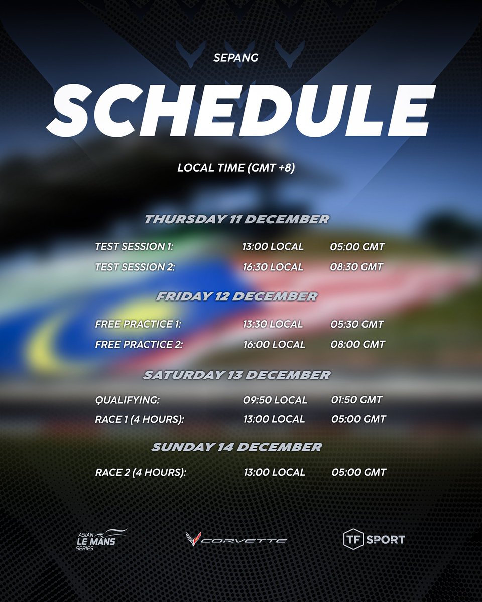Asian Le Mans Series: we're ready to make some noise! 😎

We’re kicking things off at the iconic Sepang International Circuit.

Swipe to see the full schedule 📆

#TFSport #CorvetteRacing #AsianLeMansSeries #TeamChevy