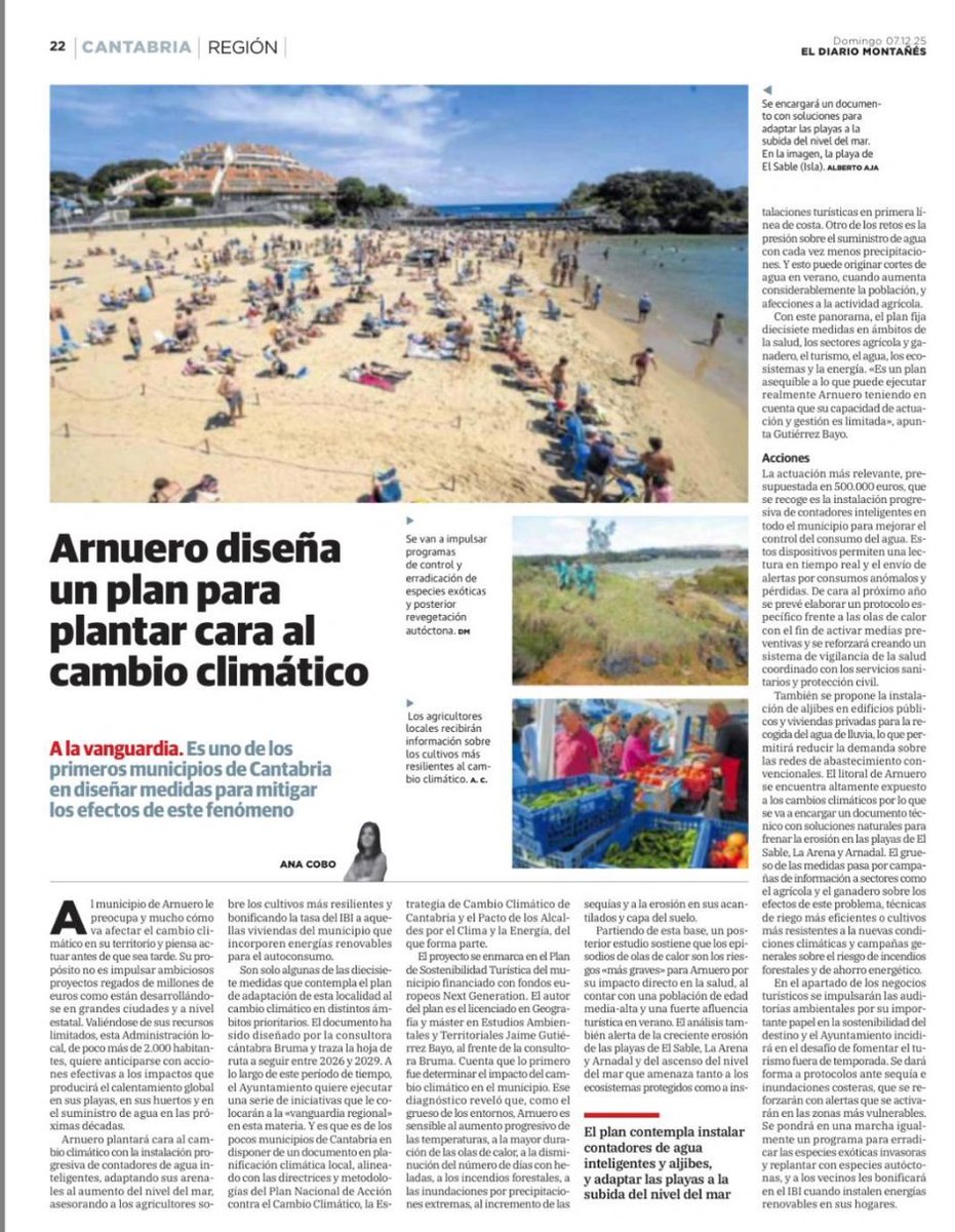 Hoy en el diario montañés sale la noticia de Arnuero diseña un plan para plantar cara al cambio climático
Se van a impulsar programas de control y erradicación de especies exóticas y posterior revegetación
autóctona. #PlanDeRecuperación #NexGenerationEU