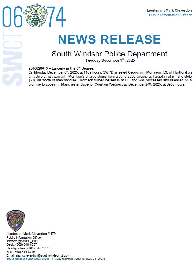 SWPD_PIO's tweet image. Good morning #SW06074.

Attached is the news release for Tuesday, December 9th, 2025.