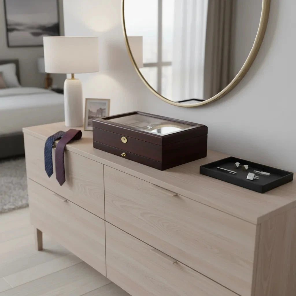 aevitas_uk's tweet image. Secure your collection with our cherry wood watch box, holding 10 timepieces plus an extra drawer. Smooth satin finish, priced at £219.95. #WatchStorage #AevitasUK aevitas-uk.co.uk/products/premi…