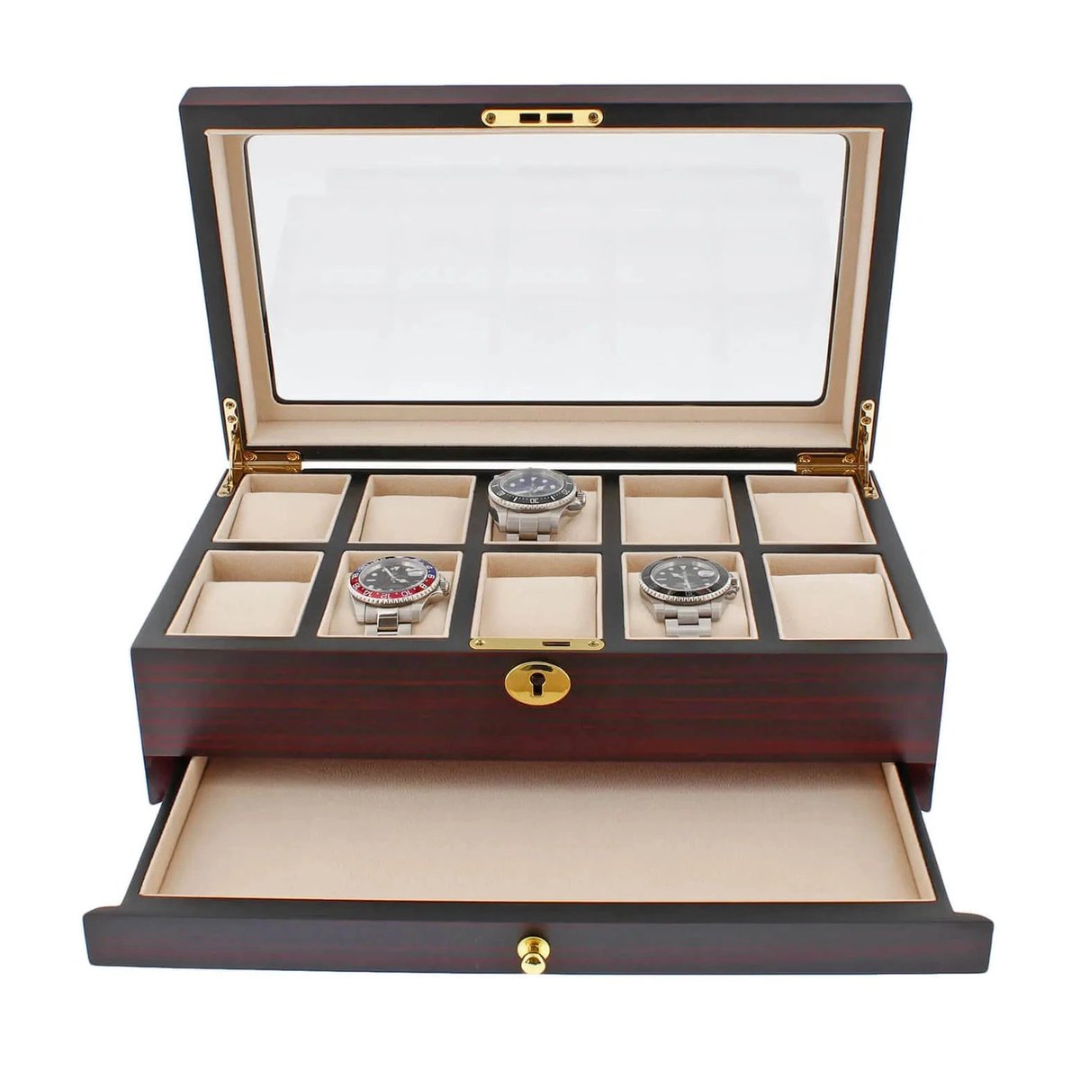 aevitas_uk's tweet image. Secure your collection with our cherry wood watch box, holding 10 timepieces plus an extra drawer. Smooth satin finish, priced at £219.95. #WatchStorage #AevitasUK aevitas-uk.co.uk/products/premi…