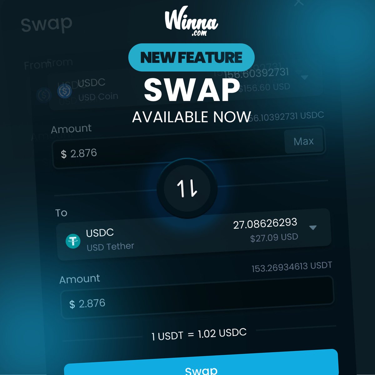 🔄 SWAP FEATURE is LIVE! 🔄

Instant, on-site swaps across every coin pair are now available.
Move from any coin to any other in seconds — no friction, just clean conversions right inside Winna. ⚡️

💬 Follow, RT and comment your Winna username to get a chance to win $50 to try