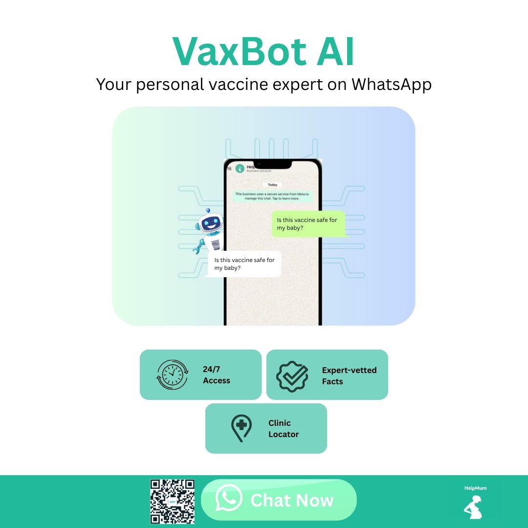 The HelpMum VaxBot works 24/7 to provide you with expert-vetted answers around your child's vaccination schedule.

Start chatting here 👉 lnkd.in/dwG3B5wf

#vaccineswork #maternalhealth #parenting #digitalhealth #telemedicine