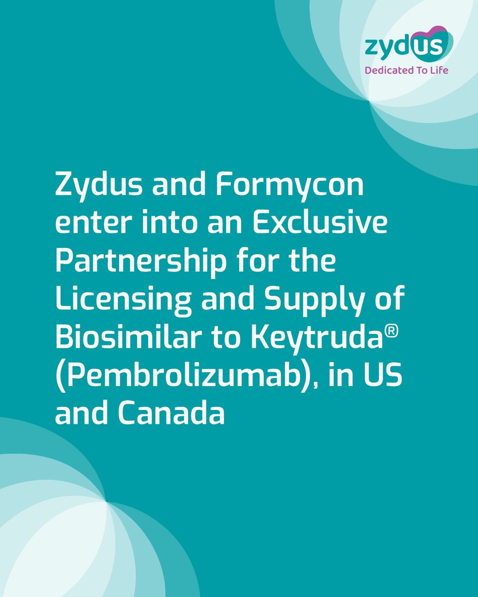 ZydusUniverse's tweet image. Zydus and @formycon  enter into an Exclusive Partnership for the Licensing and Supply of Biosimilar to Keytruda®️ (Pembrolizumab), in US and Canada.

#Zydus #ZydusGroup #Formycon #Partnership