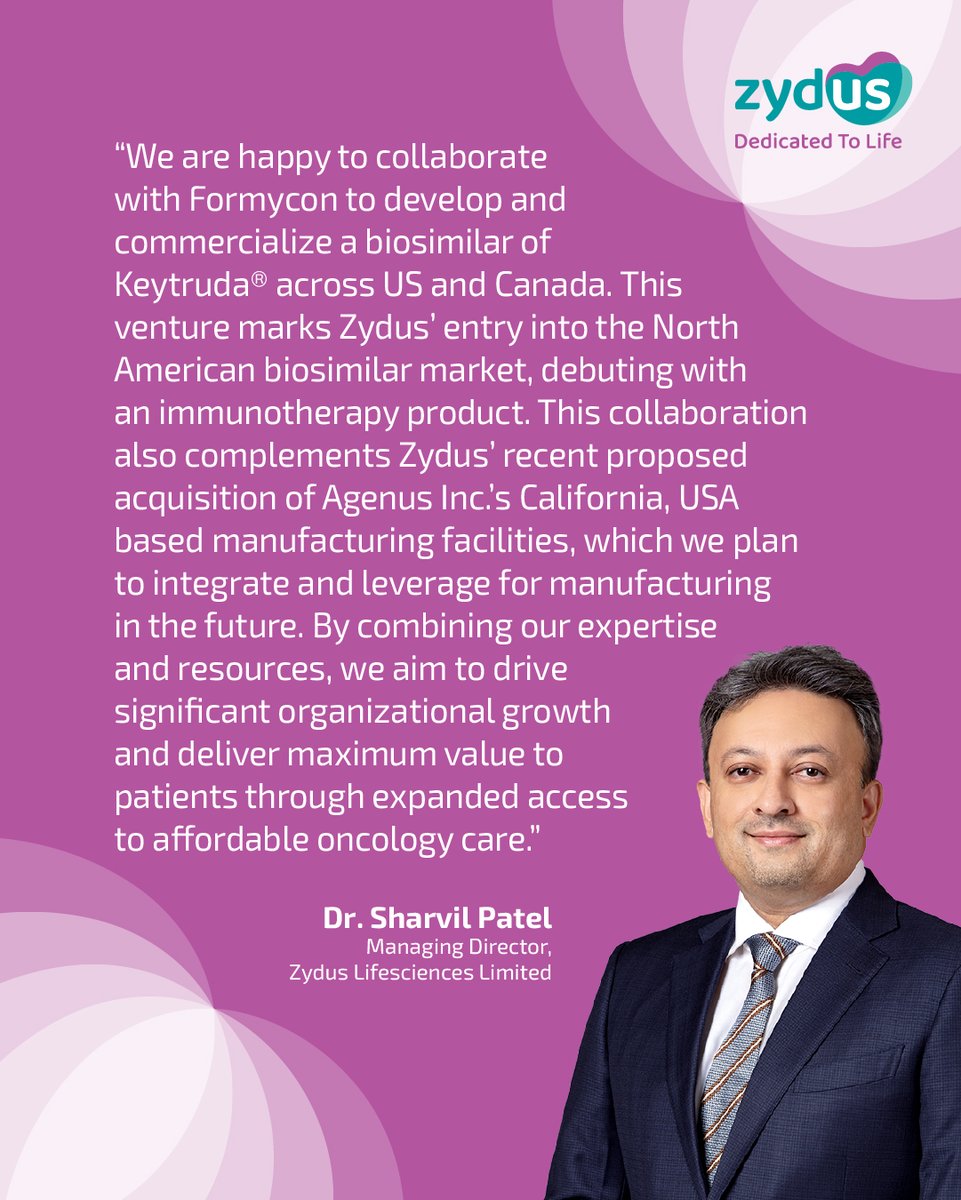 ZydusUniverse's tweet image. Zydus and @formycon  enter into an Exclusive Partnership for the Licensing and Supply of Biosimilar to Keytruda®️ (Pembrolizumab), in US and Canada.

#Zydus #ZydusGroup #Formycon #Partnership