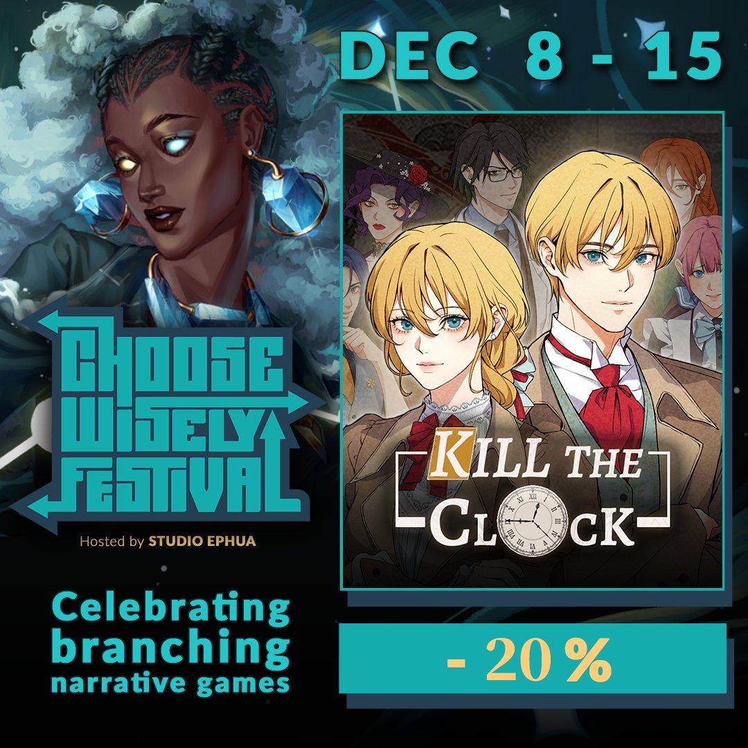We're joining the Choose Wisely Festival!
Kill The Clock is 20% OFF during the event 💛
If you love narrative mysteries and time-loop drama, give it a try!

#ChooseWiselyFestival #KillTheClock