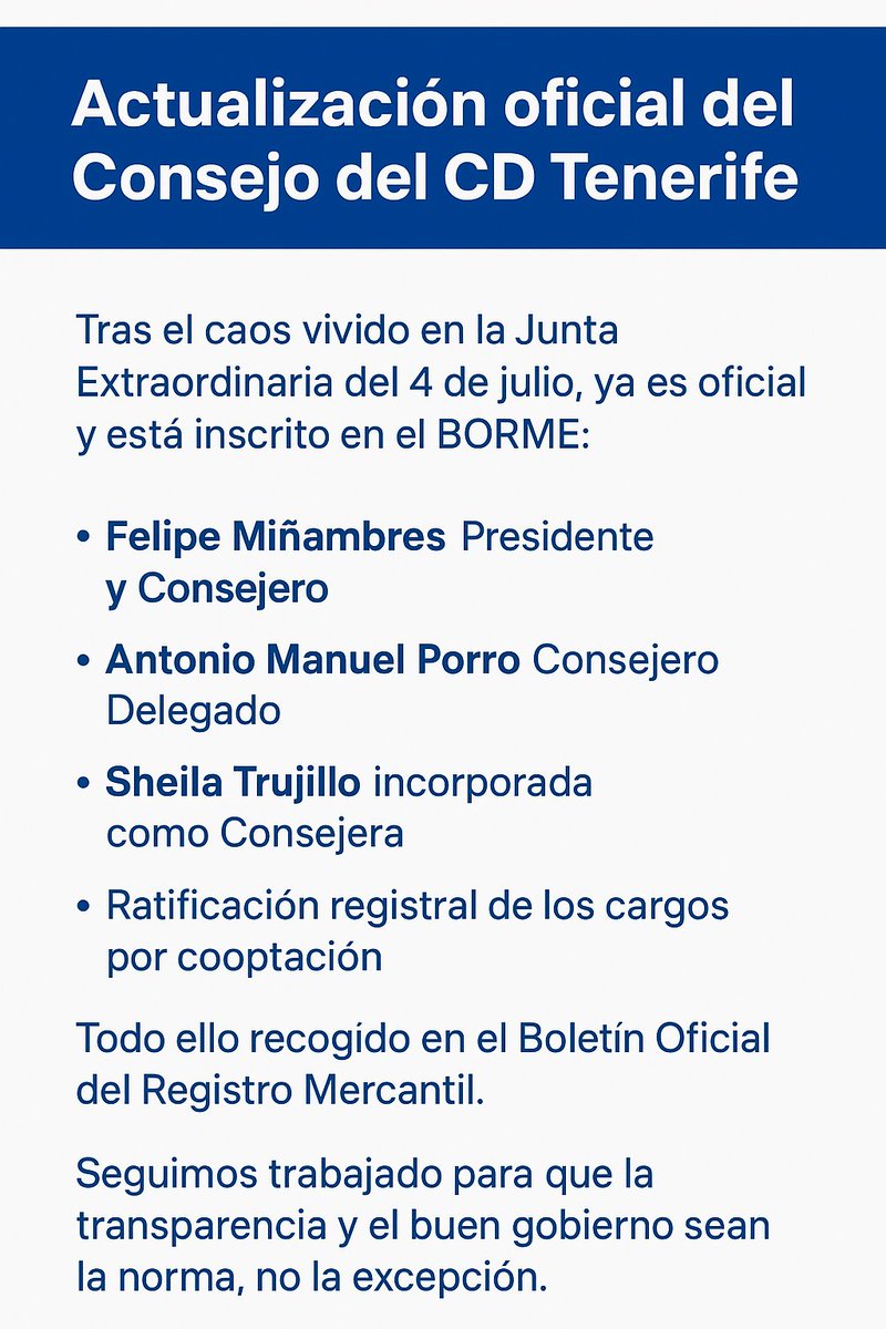 CdtPeq's tweet photo. En la Junta Extraordinaria del pasado 4J, se llegó a votar el cese de consejeros recién ratificados:

El BORME ha publicado la composición actual del Consejo de Administración del CD Tenerife.
No hay debate. No hay confusión. No hay 2 versiones.
Información ya es oficial. https://t.co/b08jk0htaf