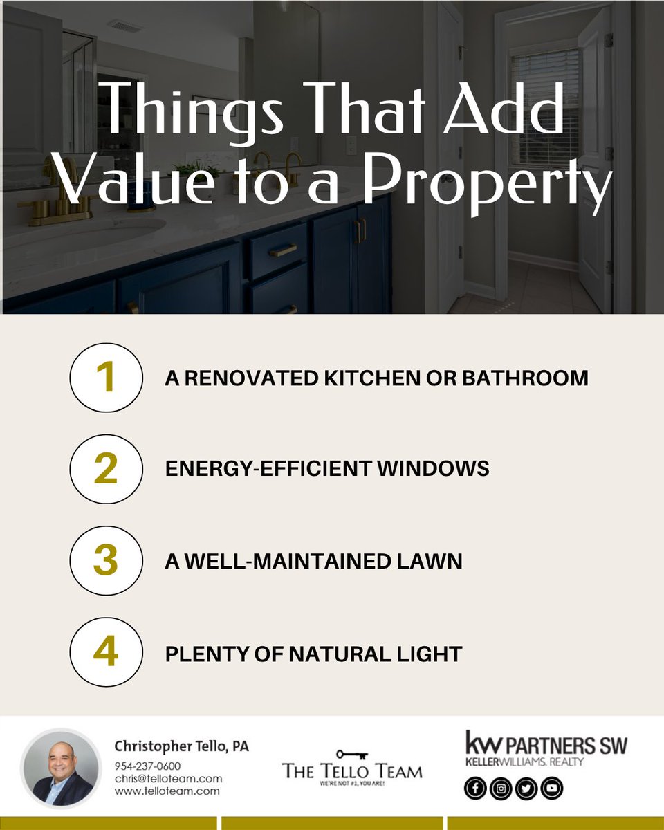 TelloTeamRealty's tweet photo. Things that add value to a Property!
Contact a realtor you can trust π²+1 954-237-0600
#realestatebroker #realestatemiami #realestateflorida #floridarealtor #floridarealtors #floridarealestate #floridarealestateagent #floridarealestateagents #miamirealtor #miamirealtors #miami https://t.co/lGgdXXi4m0
