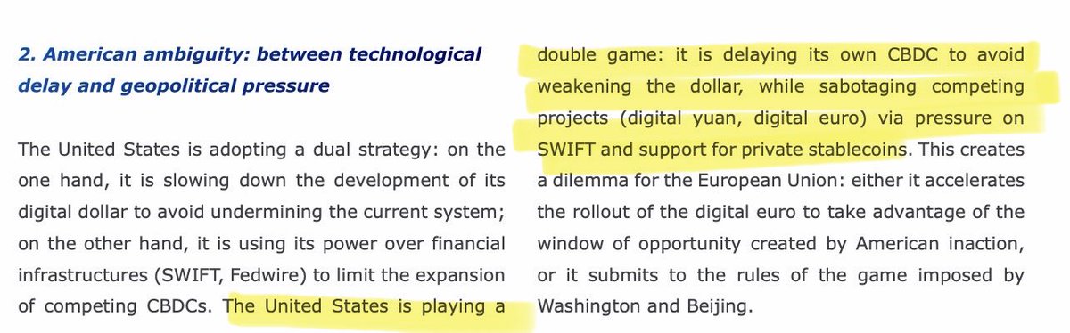SMQKEDQG's tweet image. The United States is playing a deliberate double game.💯

Washington’s public ambiguity around CBDCs looks confusing only if you ignore the broader strategy.🎯

The U.S. will almost certainly launch a CBDC.

Just not yet.😶‍🌫️

For now, it is delaying its own digital dollar to…