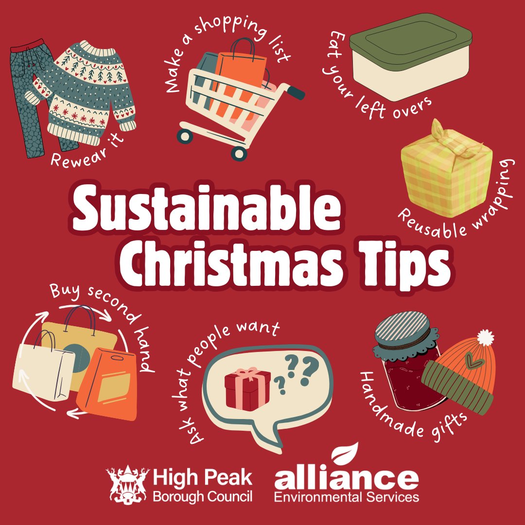 Here are some top tips to make your Christmas more sustainable!

Shop your wardrobe and re-wear something. 
Make a shopping list!
Eat your leftovers or put them in the freezer.
Buy second hand.
Handmade gifts can help save money and recycle / upcycle unwanted items.