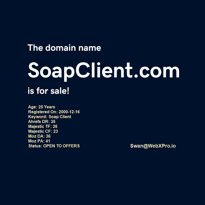 WebXProDomains's tweet photo. SEO Value Aged Domains For Sale
Age: 25 Years
Registered On: 2000-12-16
Keyword: Soap Client
Ahrefs DR: 35
Majestic TF: 26
Majestic CF: 23
Moz DA: 36
Moz PA: 41
Status: OPEN TO OFFERS
#SEO #AgedDomain #SEOAuhtority #SEODomain #DomainForSale #SEORanking https://t.co/Qcd9HkTZNz