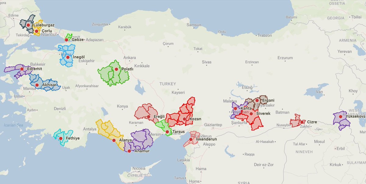 tanik_tr's tweet photo. Türkiye'de il olması beklenen ilçeler ve olası sınırları. https://t.co/PkQAl3B7lO
