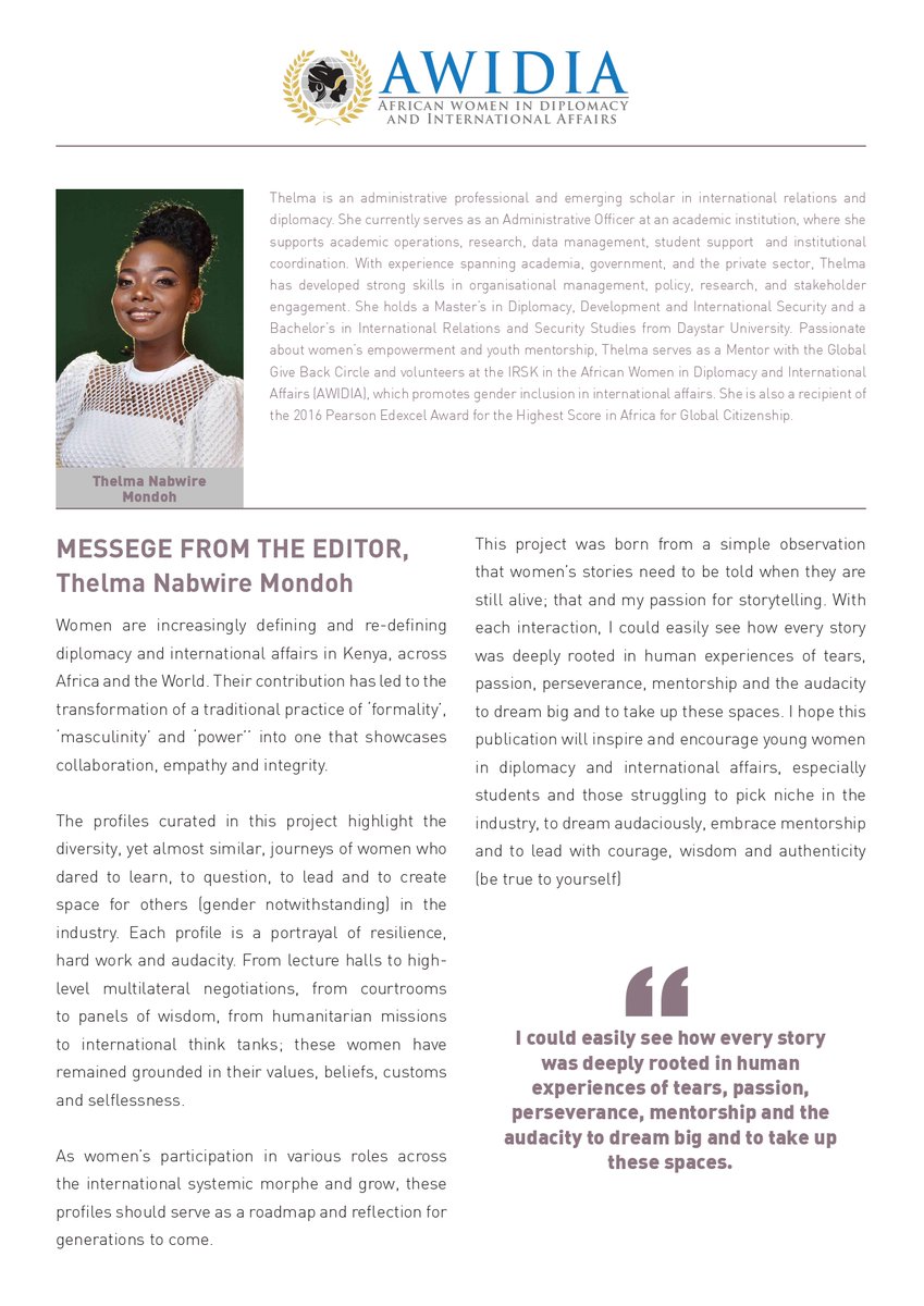 AWIDIA_254's tweet photo. HISTORY IS BEING REWRITTEN! 
The AWIDIA Report (by Charlotte Andove &amp; Thelma Nabwire) is the definitive blueprint profiling 10 African women leaders who are transforming global policy. We're breaking down their careers now!

The public link drops SOON.
#awidia #WomenInDiplomacy https://t.co/Xjxzq9bonj