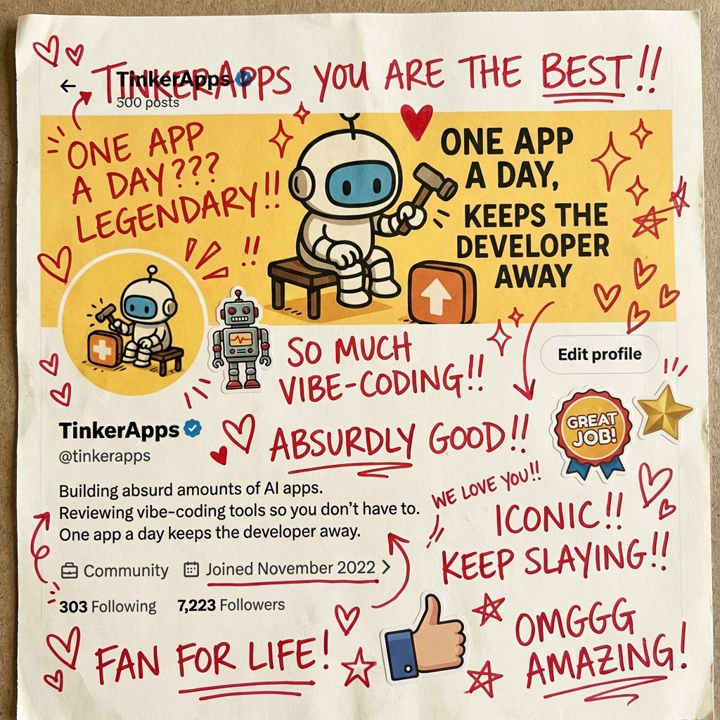 tinkerapps's tweet photo. Turn your Twitter profile into a masterpiece of chaos and love! 🎨❤️

Introducing Hype Machine

Powered by Nano Banana Pro, just drop your profile screenshot and watch the magic happen. 🪄

It generates a realistic "printed" version of your bio, covered in:

✅ Wild red ink scribbles ✍️
✅ Handwritten praise (glazing level: 1000) 
✅ Cute stickers & doodles 🌟

It’s the ultimate vibe check. Who needs a hype man when you have AI? 😤
#AI #OnSpace #HypeMachine #NanoBananaPro