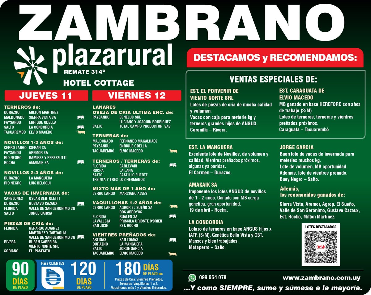 Última oportunidad del año
Como todo el año, la oferta de todo el país con Zambrano en <a href="/plazarural/">plazarural</a> 

Jueves 11 y  Viernes 12 
Muy buenos lotes en todas las categorías DESTACAMOS por volúmen y calidad: 
lotes de pieza de cría,
además muy buenos lotes de terneros y novillos,