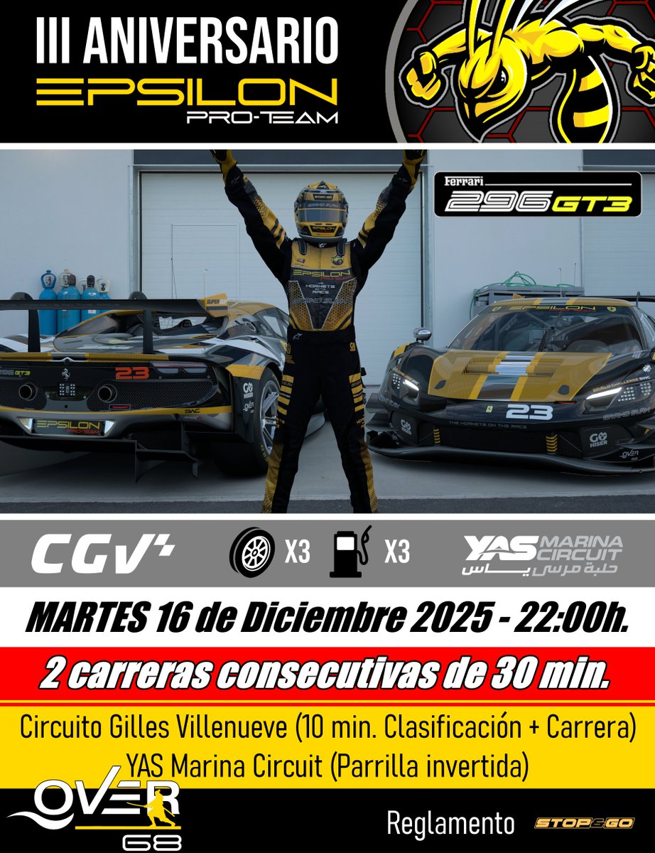 EPSILONPro_Team's tweet image. Sesión DOBLE de carreras para celebrar el III Aniversario de EPSILON Pro-Team y despedir el año 2025.

Media parrilla repleta de Avispones y la otra media, con pilotazos que no temen los aguijones.

Retransmitida por el ENORMEEEE @overtake68tv !!!